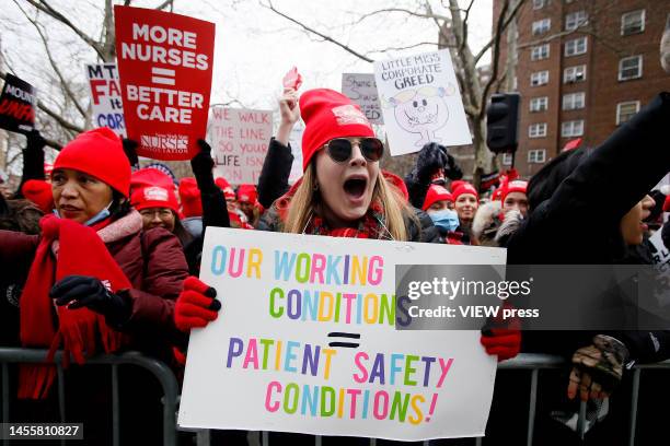 Nurse shouts slogans at Mount Sinai Hospital during their 3rd day on strike on January 11, 2023 in New York City. About 7000 nurses went on strike on...