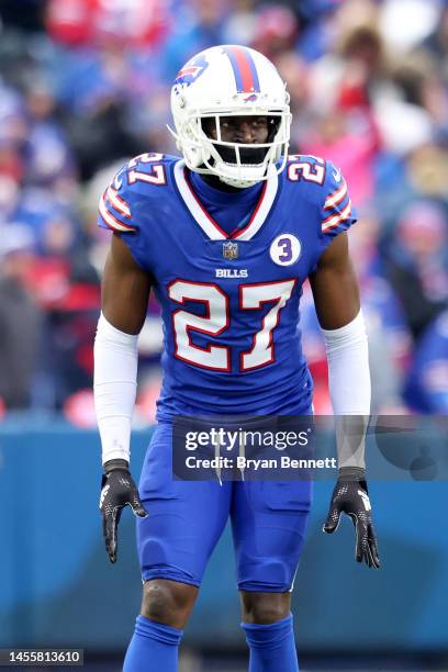 Tre'Davious White of the Buffalo Bills lines up during the second quarter against the New England Patriots at Highmark Stadium on January 08, 2023 in...
