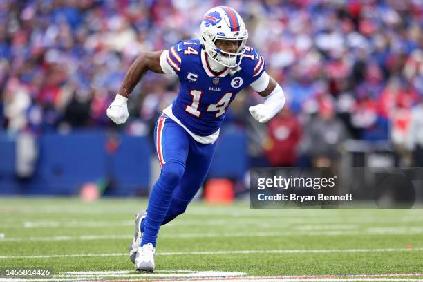 Stefon Diggs of the Buffalo Bills during the first quarter against the New England Patriots at Highmark Stadium on January 08, 2023 in Orchard Park,...