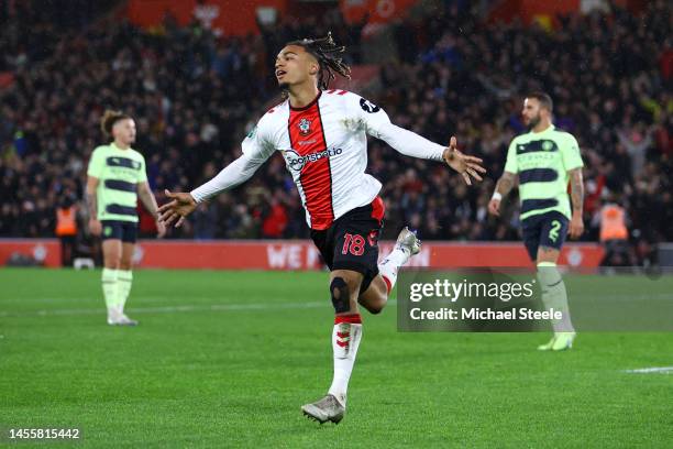 Sekou Mara of Southampton celebrates after scoring their side's first goal during the Carabao Cup Quarter Final match between Southampton and...