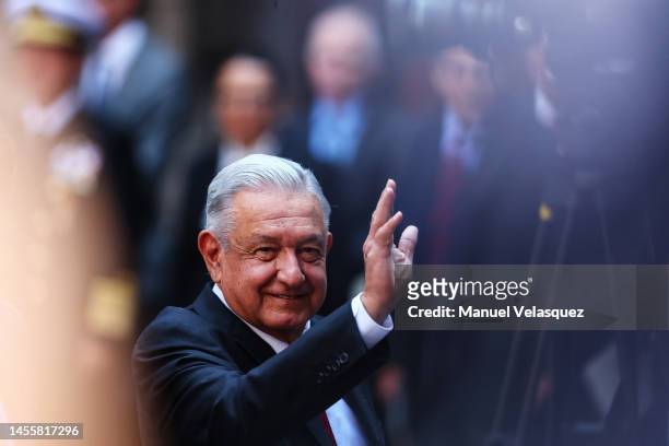 Andres Manuel Lopez Obrador, President of Mexico waves during the signing of a memorandum of understanding Between Mexico and Canada as part of the...