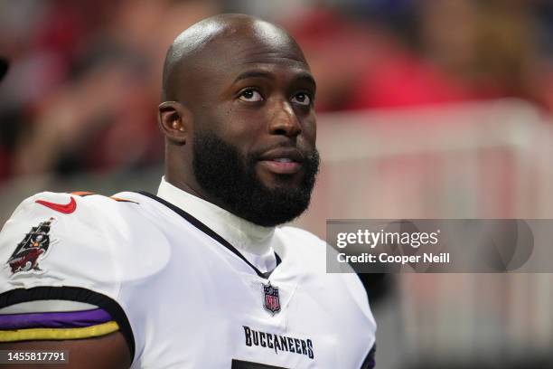 Leonard Fournette of the Tampa Bay Buccaneers walks off of the field against the Atlanta Falcons at Mercedes-Benz Stadium on January 8, 2023 in...