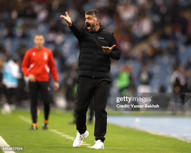 Gennaro Gattuso, Head Coach of Valencia CF, reacts during the Super Copa de Espana match between Real Madrid and Valencia CF at King Fahd...