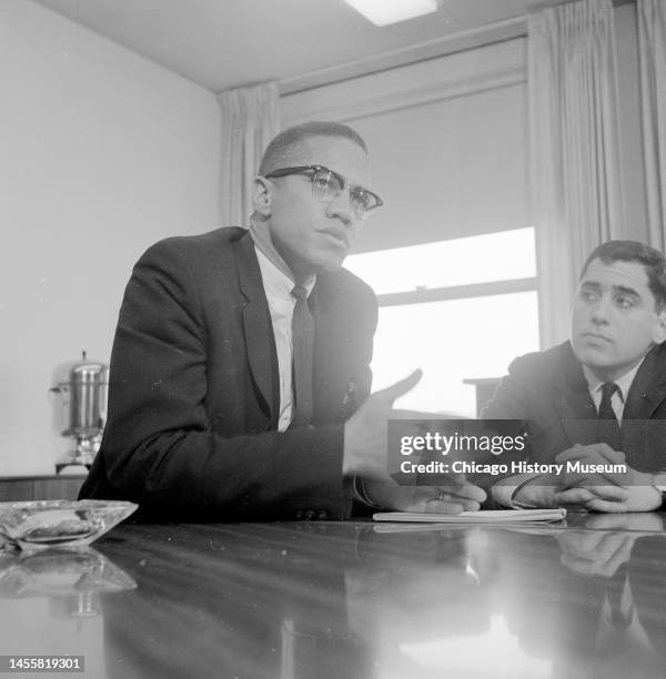 American religious and Civil Rights leader Malcolm X speaks to members of the press in the Chicago Sun-Times building, Chicago, Illinois, March 28,...