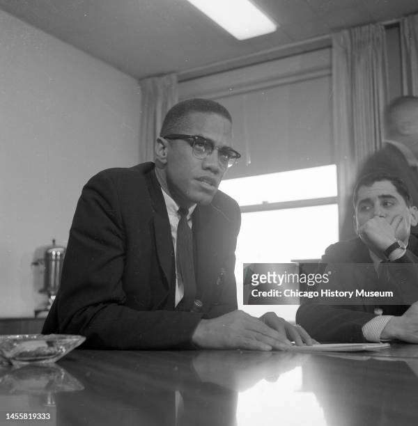 American religious and Civil Rights leader Malcolm X speaks to members of the press in the Chicago Sun-Times building, Chicago, Illinois, March 28,...