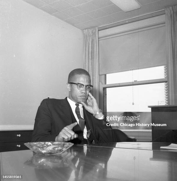 American religious and Civil Rights leader Malcolm X speaks to members of the press in the Chicago Sun-Times building, Chicago, Illinois, March 28,...