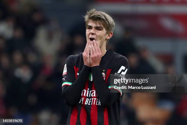 Charles De Ketelaere of AC Milan reacts during the Coppa Italia match between AC Milan and Torino FC at Stadio Giuseppe Meazza on January 11, 2023 in...