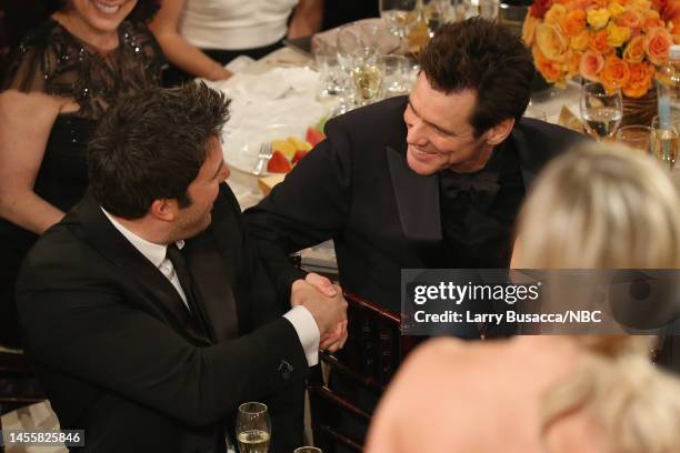 71st ANNUAL GOLDEN GLOBE AWARDS -- Pictured: Ben Affleck and Jim Carrey at the 71st Annual Golden Globe Awards held at the Beverly Hilton Hotel on...