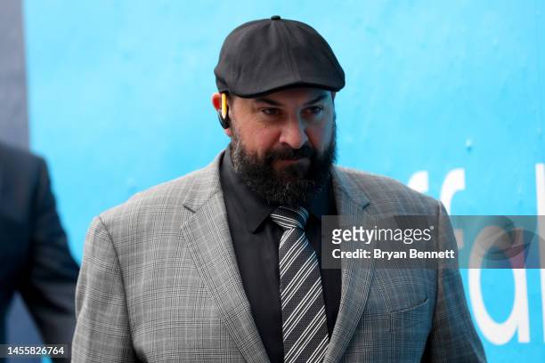 Senior Football Advisor and Offensive Line Coach Matt Patricia of the New England Patriots walks to the stadium prior to a game against the Buffalo...