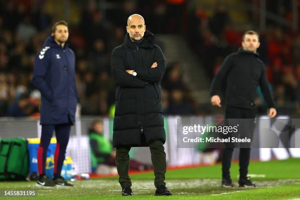 Pep Guardiola, Manager of Manchester City, reacts during the Carabao Cup Quarter Final match between Southampton and Manchester City at St Mary's...