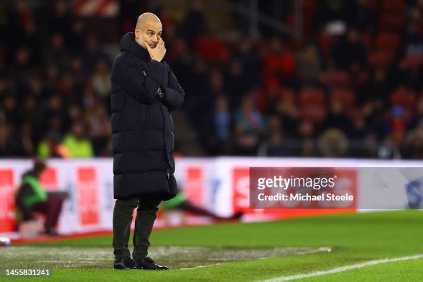 Pep Guardiola, Manager of Manchester City, reacts during the Carabao Cup Quarter Final match between Southampton and Manchester City at St Mary's...