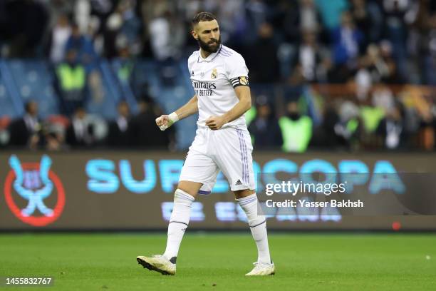 Karim Benzema of Real Madrid celebrates their side's victory in penalty shoot out in the Super Copa de Espana match between Real Madrid and Valencia...