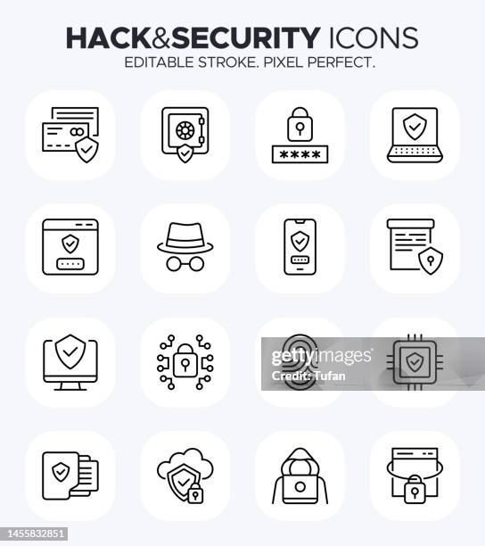 ilustraciones, imágenes clip art, dibujos animados e iconos de stock de iconos de seguridad cibernética: símbolos de piratería, seguridad, firewall y vulnerabilidad - data breach