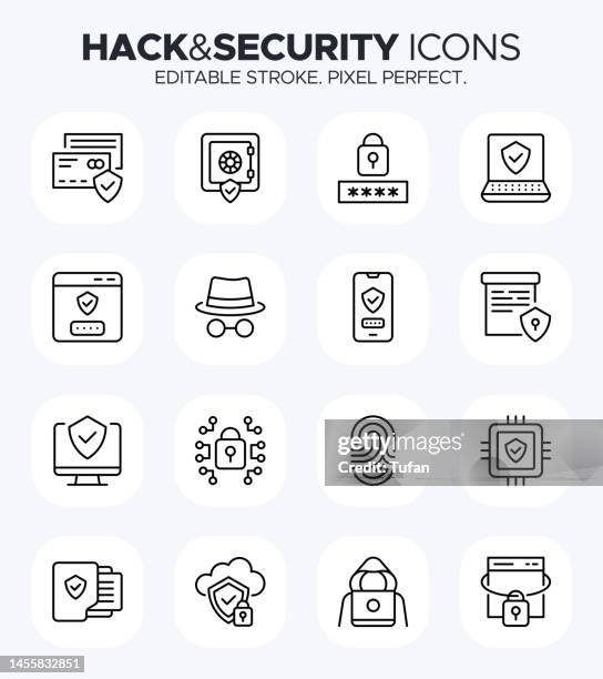 illustrazioni stock, clip art, cartoni animati e icone di tendenza di icone di sicurezza informatica - hacking, sicurezza, firewall e simboli di vulnerabilità - crimine aziendale