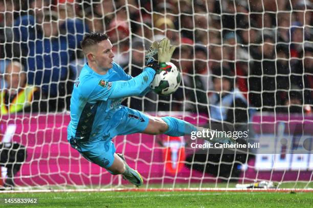 Dean Henderson of Nottingham Forest saves a penalty from Ruben Neves of Wolverhampton Wanderers in the shootout during the Carabao Cup Quarter Final...