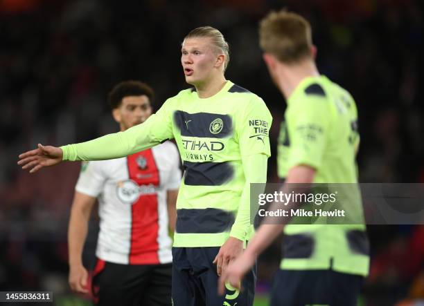 Erling Haaland of Manchester City reacts during the Carabao Cup Quarter Final match between Southampton and Manchester City at St Mary's Stadium on...