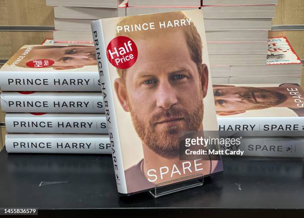 Prince Harry's book on display in a book store on January 11, 2023 in Bath, England. Prince Harry's much anticipated memoir "Spare" officially went...