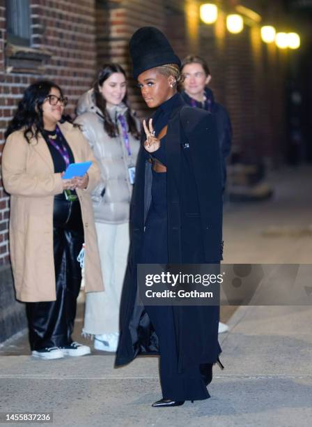 Janelle Monae arrives at "The Late Show with Stephen Colbert" on January 11, 2023 in New York City.