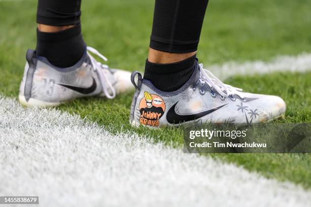 The cleats of Darius Slay of the Philadelphia Eagles are seen against the New York Giants at Lincoln Financial Field on January 08, 2023 in...