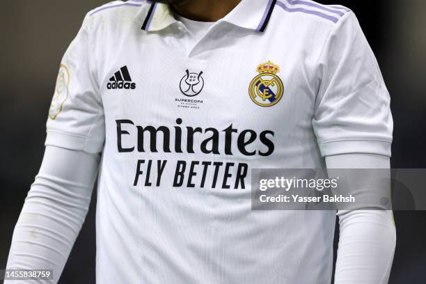 Detailed view of a Real Madrid shirt with a Super Copa de Espana logo during the Super Copa de Espana match between Real Madrid and Valencia CF at...