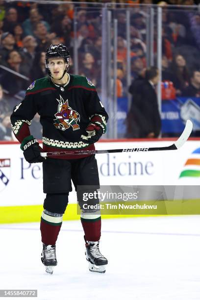 Juuso Valimaki of the Arizona Coyotes looks on against the Philadelphia Flyers at Wells Fargo Center on January 05, 2023 in Philadelphia,...