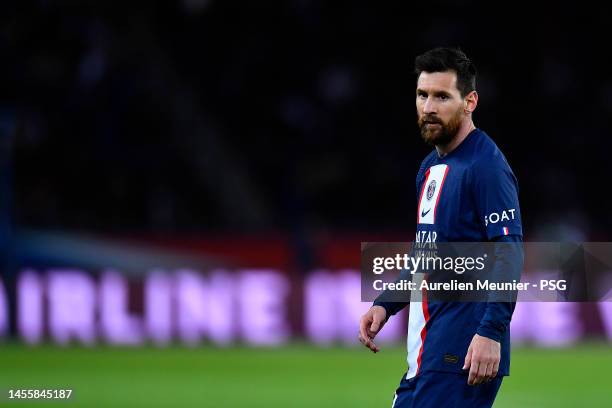 Leo Messi of Paris Saint-Germain looks on during the Ligue 1 match between Paris Saint-Germain and Angers SCO at Parc des Princes on January 11, 2023...