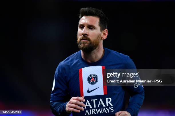 Leo Messi of Paris Saint-Germain looks on during the Ligue 1 match between Paris Saint-Germain and Angers SCO at Parc des Princes on January 11, 2023...