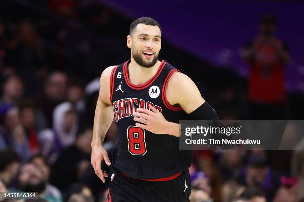 Zach LaVine of the Chicago Bulls reacts against the Philadelphia 76ers at Wells Fargo Center on January 06, 2023 in Philadelphia, Pennsylvania. NOTE...