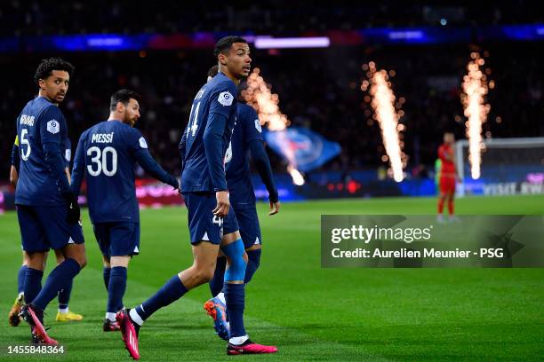 Hugo Ekitike of Paris Saint-Germain reacts after scoring during the Ligue 1 match between Paris Saint-Germain and Angers SCO at Parc des Princes on...