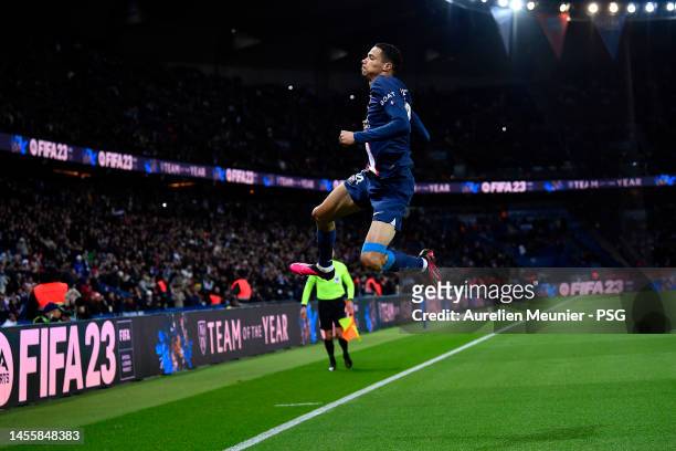 Hugo Ekitike of Paris Saint-Germain reacts after scoring during the Ligue 1 match between Paris Saint-Germain and Angers SCO at Parc des Princes on...