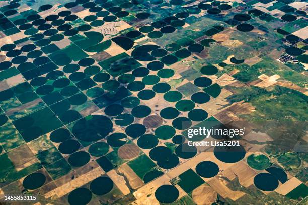 earth from above, aerial landscape crop circles and agricultural fields patterns - graancirkel stockfoto's en -beelden