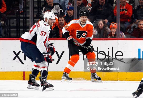 Skating in his 500th NHL game, Trevor van Riemsdyk of the Washington Capitals skates against his brother James van Riemsdyk of the Philadelphia...