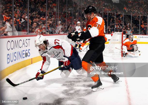 Oshie of the Washington Capitals is hit by Rasmus Ristolainen of the Philadelphia Flyers during the first period at the Wells Fargo Center on January...