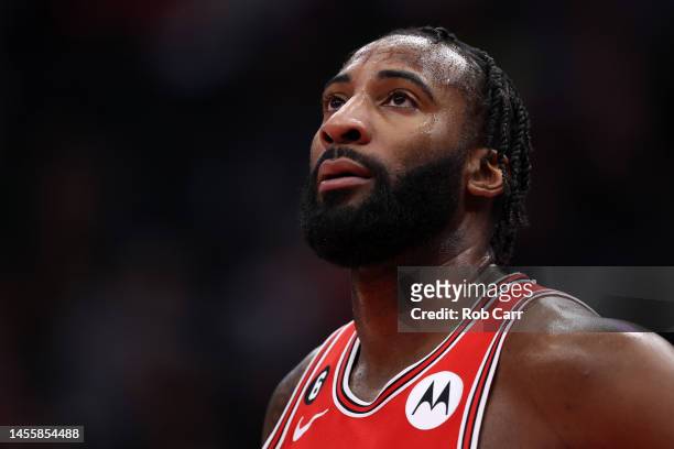 Andre Drummond of the Chicago Bulls looks on against the Washington Wizards at Capital One Arena on January 11, 2023 in Washington, DC. NOTE TO USER:...