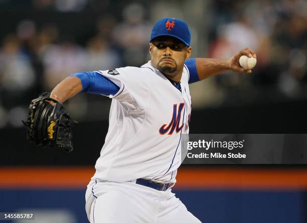Johan Santana of the New York Mets delivers a pitch against the St. Louis Cardinals on his way to pitching a no-hitter at Citi Field on June 1, 2012...