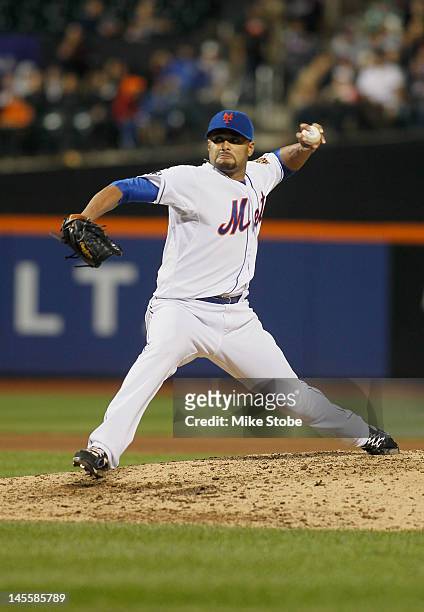 Johan Santana of the New York Mets delivers a pitch against the St. Louis Cardinals on his way to pitching a no-hitter at Citi Field on June 1, 2012...