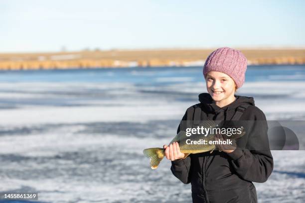 menina segurando walleye que ela acabou de pegar enquanto pescava no gelo - walleye - fotografias e filmes do acervo