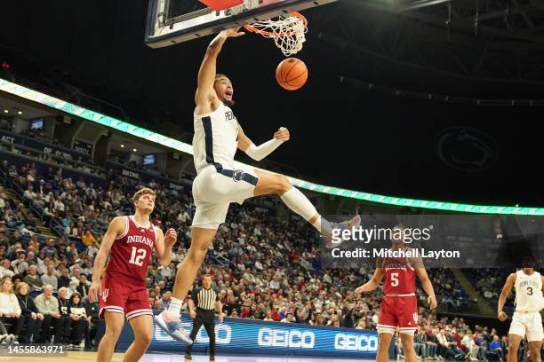 Seth Lundy of the Penn State Nittany Lions dunks, scoring his 1000th career point in the second half against the Indiana Hoosiers at the Bryce Joyce...