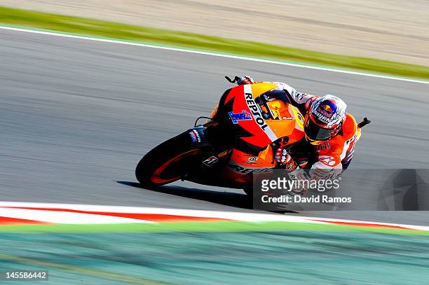 Casey Stoner of Australia and Repsol Honda Team rounds the bend during the free practice at Circuit de Catalunya on June 2, 2012 in Montmelo, Spain....