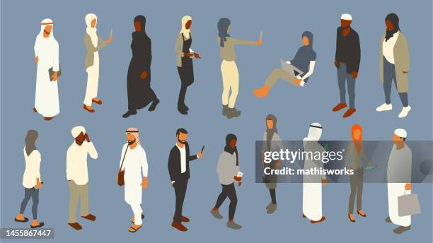 ilustrações de stock, clip art, desenhos animados e ícones de isometric muslim people - lenço na cabeça enfeites para a cabeça