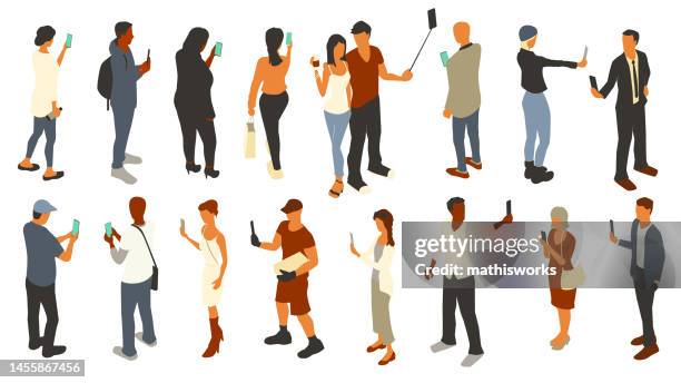 ilustrações de stock, clip art, desenhos animados e ícones de people using phone cameras - camera stand