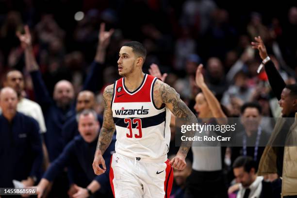 Kyle Kuzma of the Washington Wizards celebrates after hitting the game winning shot against the Chicago Bulls during the Wizards 100-97 win at...