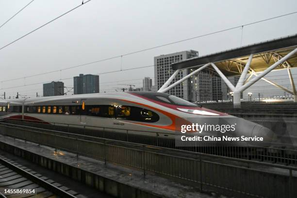 Vibrant Express' train setting out from Hong Kong West Kowloon Station arrives at Guangzhou South Railway Station during a trial operation on January...