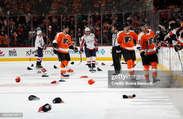 Travis Konecny of the Philadelphia Flyers celebrates his hattrick during the third period against the Washington Capitals at the Wells Fargo Center...