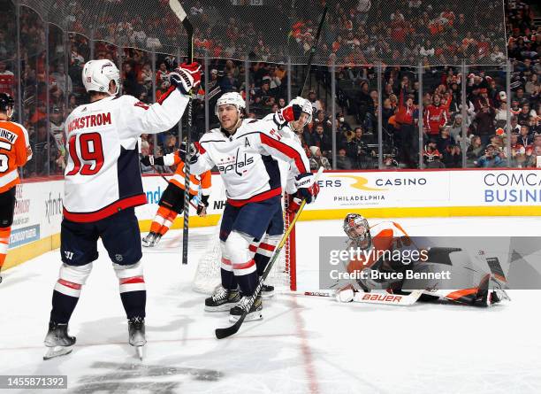 Oshie of the Washington Capitals celebrates his third period goal against Carter Hart of the Philadelphia Flyers at the Wells Fargo Center on January...