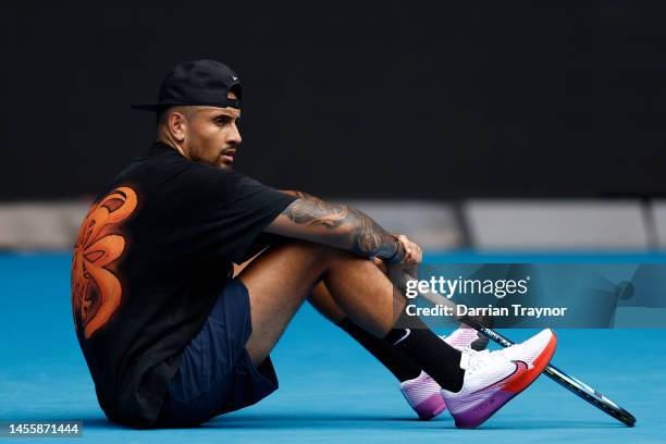 Nick Kyrgios of Australia is seen during a practice session ahead of the 2023 Australian Open at Melbourne Park on January 12, 2023 in Melbourne,...