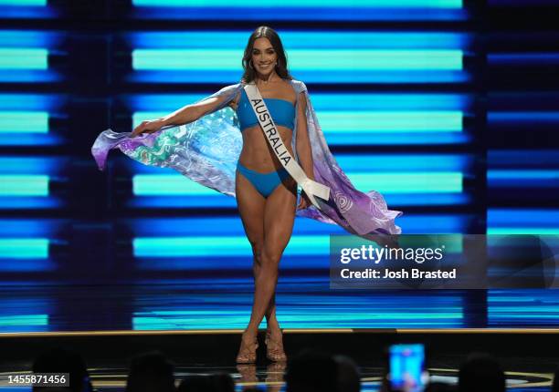 Miss Australia, Monique Riley walks onstage during the 71st Miss Universe preliminary competition at New Orleans Morial Convention Center on January...