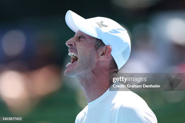 Andy Murray of Great Britain reacts in his match against Alex de Minaur of Australia during day three of the 2023 Kooyong Classic at Kooyong on...