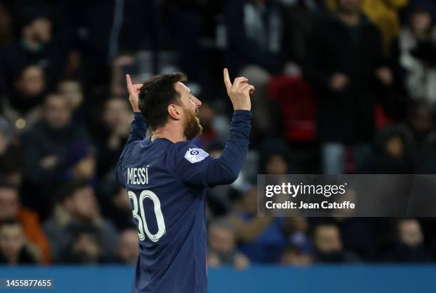 Lionel Messi of PSG celebrates his goal during the Ligue 1 match between Paris Saint-Germain and SCO Angers at Parc des Princes stadium on January...
