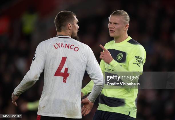 Erling Haaland of Manchester City reacts to Vojnovic Lyanco of Southampton during the Carabao Cup Quarter Final match between Southampton and...